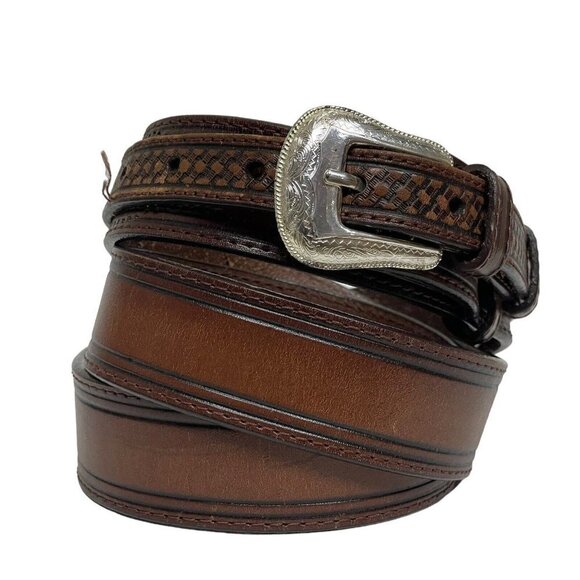 Nocona Brown Belt Men's Size 46 Western Woven Embossed‎ Detail Leather N2420254 - Picture 1 of 7